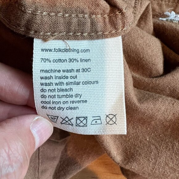 Folk Men's Maze Short Sleeve Chain Stitch Embroidery Shirt LARGE Tan Linen Blend - Picture 7 of 10